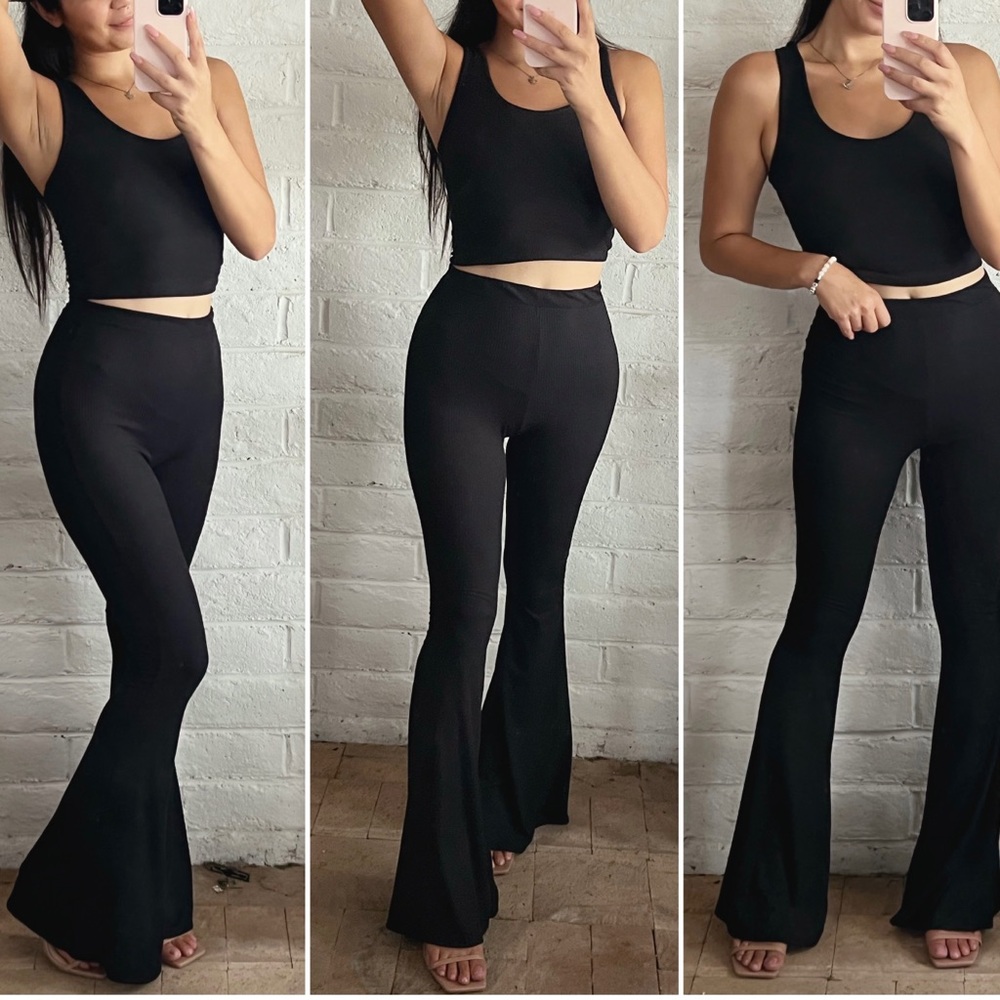 NEW COMFY 2 PIECE RIBBED KNIT BELL BOTTOM FLARED PANTS SET